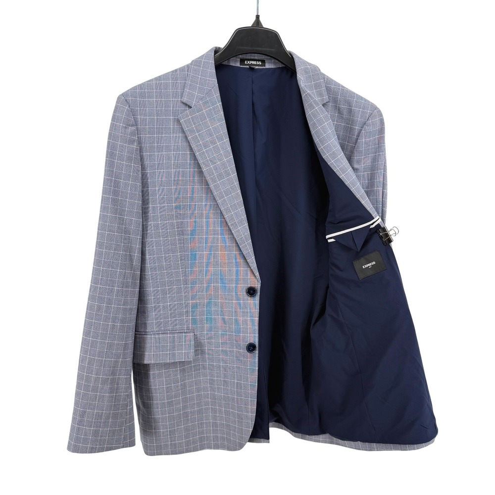 Express Blazer Men 42R Pre-Owned Suit Jacket Blue Grid Check Slim Fit Sport Coat